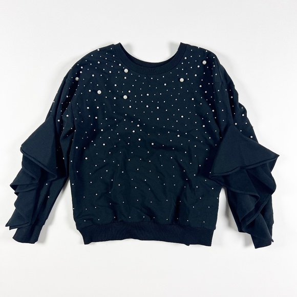 Scripted Faux Pearl Silver Beaded Embellished Crew Neck Ruffle Sleeve Sweater M - Picture 1 of 4